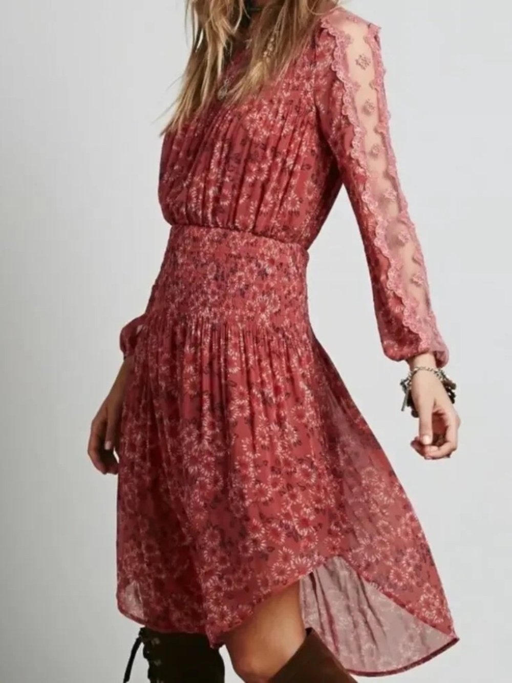Free People Open Waters Charlotte Pink Floral Long Sleeve Dress